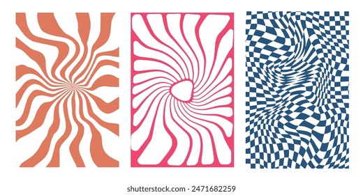 Groovy hippie 70s backgrounds. Waves, swirl, twirl pattern. Twisted and distorted vector texture in trendy retro psychedelic style. abstract wave lines