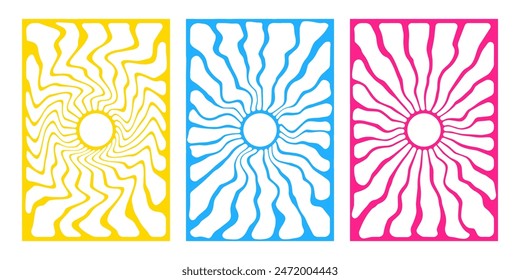 Fondos hippie de los años 70. Ondas, remolino, patrón de giro. Textura de Vector retorcida y distorsionada en estilo psicodélico retro de moda. líneas de onda abstractas
