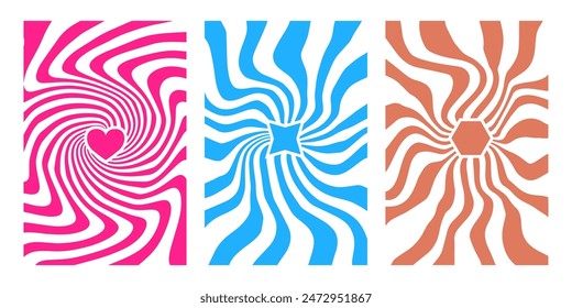 Groovy hippie 70s backgrounds. Waves, swirl, twirl pattern. Twisted and distorted vector texture in trendy retro psychedelic style. abstract wave lines