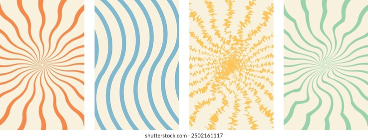 Groovy hippie 70s backgrounds. Waves, swirl, twirl pattern. Twisted and distorted vector texture in trendy retro psychedelic style. Y2k aesthetic.