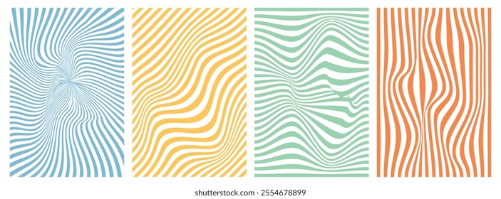 Groovy hippie 70s backgrounds. Waves, swirl, twirl pattern. Twisted and distorted vector texture in trendy retro psychedelic style. Y2k aesthetic.