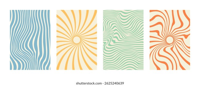 Groovy hippie 70s backgrounds. Waves, swirl, twirl pattern. Twisted and distorted vector texture in trendy retro psychedelic style.