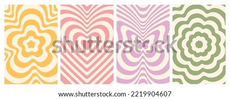 Groovy hippie 70s backgrounds. Waves, swirl, twirl pattern with heart, daisy, flower, butterfly. Twisted and distorted vector texture in trendy retro psychedelic style. Y2k aesthetic.