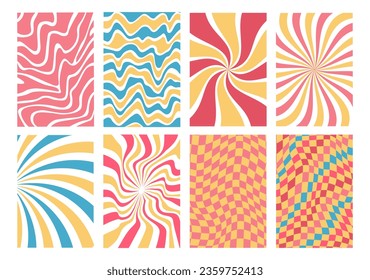 Groovy hippie 70s backgrounds.Checkerboard,waves patterns. Y2K retro psychedelic. Vector illustration.