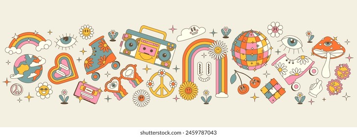 Groovy hippie 70s banner, set. Funny cartoon flower, rainbow, peace, Love, heart, daisy, mushroom etc. Sticker pack in trendy retro psychedelic cartoon style