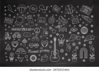 Groovy hippie 70s, classic y2k, 90s and 2000s aesthetic. Outline style set of vintage elements. Hand-drawn vector illustration. 