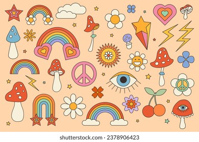 Groovy hippie 70s elements big set. Funny cartoon flower, rainbow, pacifist symbol, peace, heart, daisy, mushroom. Sticker pack in trendy retro psychedelic style. Y2k vintage vector illustration