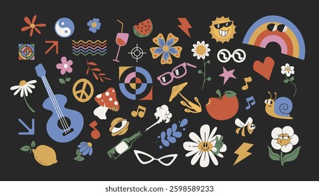 groovy hippie 70s elements, set of retro 70s elements, vector illustration