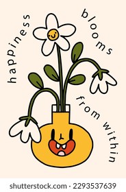 Groovy hippie 70s floral interior poster. Funny cartoon flower bouquet in vase. Vector happy card in trendy retro cartoon style. Vector background. Good vibes. Happiness blooms from within