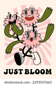 Afiche floral de Groovy Hippie 70. Caricatura divertida de un personaje de flor peculiar. Tarjeta vectorial en el moderno estilo de dibujos animados psicodélicos retro. Fondo vectorial. Sólo florece. Buenas vibraciones.