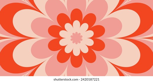 Groovy hippie 70s flower background. Waves, swirl, twirl pattern with daisy flower. Twisted and distorted vector texture in a trendy retro psychedelic style. Y2k aesthetic. Red and pink colors