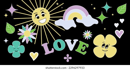 A groovy hippie of the 70s. Funny cartoon flower, rainbow, love, heart, chamomile. Sticker pack in a fashionable retro-psychedelic cartoon style. Stand-alone vector illustration. 