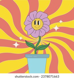 Groovy hippie 70s. Funny cartoon flower. Sticker pack in trendy retro psychedelic cartoon style. Flower power. Good vibes. Stay groovy