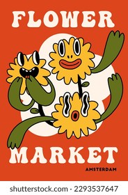 Groovy hippie 70s funny floral poster. Fun cartoon quirky yellow flowers. Vector card in trendy retro psychedelic cartoon style. Vector background. Amsterdam flower market. 