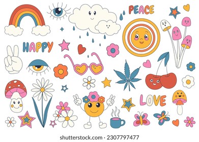 Groovy hippie 70s mega set graphic elements in flat design. Bundle of peace, love, happy, rainbow, psychedelic mushrooms, flowers, leaves, butterflies and other. Vector illustration isolated objects