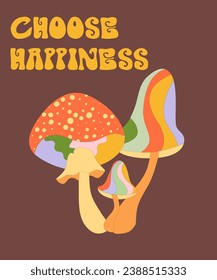 Groovy hippie 70s mushrooms: fly agaric. Cartoon funny retro style. 