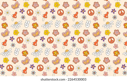 Groovy hippie 70s pattern, flat vector illustration