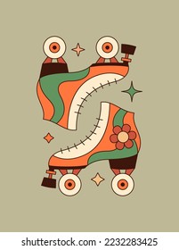 Groovy Hippie 70s Poster with Classic Roller Skate. Vector Abstract Illustration in Trendy Retro Seventies Style for T-Shirt Print, Wall Art, Case Phone, Notepad Cover, Flyer, Cards, Social media.