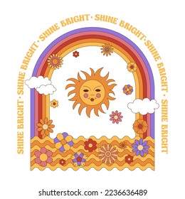 Groovy hippie 70s poster. Funny cartoon  sun, rainbow, daisies, etc. Vector greeting card in a trendy retro psychedelic cartoon style. Vector background. Shine bright