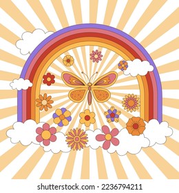 Groovy hippie 70s poster. Funny cartoon  butterfly rainbow, daisies, etc. Vector greeting card in a trendy retro psychedelic cartoon style. Vector background. Stay groovy.