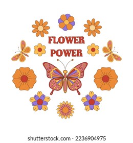 Groovy hippie 70s poster. Funny cartoon  butterfly, daisies, etc. Vector greeting card in a trendy retro psychedelic cartoon style. Vector background. FLOWER POWER.