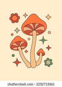 Groovy Hippie 70s Poster with Magic Mushrooms and Daisy Flowers. Vector Background in Trendy Retro Seventies Style for T-Shirt Print, Wall Art, Case Phone, Notepad Cover, Flyer, Cards, Social media.