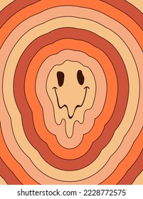 Groovy Hippie 70s Poster with Melting Smiling Face. Vector Trippy Psychedelic Background in Trendy Retro Cartoon Style for Wall Print, Case Phone, Notepad Cover, Flyer, Cards, Social media Stories.