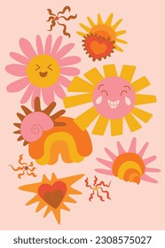 Groovy Hippie 70s Poster with Suns, Rainbow, Heart and Shell. Vector Psychedelic Background in Trendy Retro Cartoon Style for Case Phone, Note Cover, Flyer, Cards, Social media Stories.