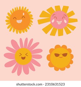 Groovy Hippie 70s Poster with Suns. Vector Psychedelic Background in Trendy Retro Cartoon Style for Case Phone, Note Cover, Flyer, Cards, Social media Stories.