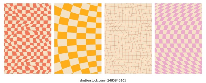 Groovy hippie 70s posters. Checkerboard, chessboard, mesh, waves patterns. Twisted and distorted vector texture in trendy retro psychedelic style. Y2k aesthetic. Orange, yellow and pink colors