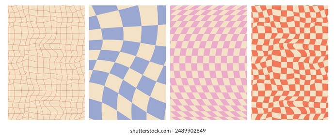 Groovy hippie 70s posters. Checkerboard, chessboard, mesh, waves patterns. Twisted and distorted vector texture in trendy retro psychedelic style. Y2k aesthetic.
