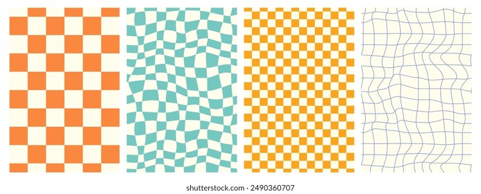 Groovy hippie 70s posters. Checkerboard, chessboard, mesh, waves patterns. Twisted and distorted vector texture in trendy retro psychedelic style. Y2k aesthetic.