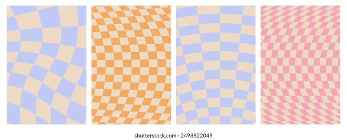 Groovy hippie 70s posters. Checkerboard, chessboard, mesh, waves patterns. Twisted and distorted vector texture in trendy retro psychedelic style. Y2k aesthetic.