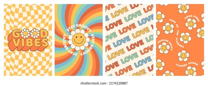 Groovy hippie 70s posters. Funny cartoon flower, rainbow, love, daisy etc. Vector cards in trendy retro psychedelic cartoon style. Vector backgrounds. Stay groovy. Good vibes. - Shutterstock ID 2174120887