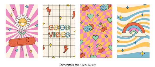 Groovy hippie 70s posters. Funny cartoon flower, rainbow, love, daisy etc. Vector cards in trendy retro psychedelic cartoon style. Vector stock backgrounds. Flower power. Good vibes.