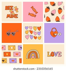 Groovy hippie 70s posters. Funny cartoon strawberry, rainbow, love, sweets etc. Vector cards in trendy retro psychedelic cartoon style. Vector backgrounds. Stay groovy. Good vibes.