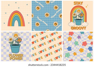 Groovy hippie 70s posters. Funny cartoon flower, rainbow, love, daisy etc. Vector cards in trendy retro psychedelic cartoon style. Vector backgrounds. Flower power. Stay groovy. Good vibes