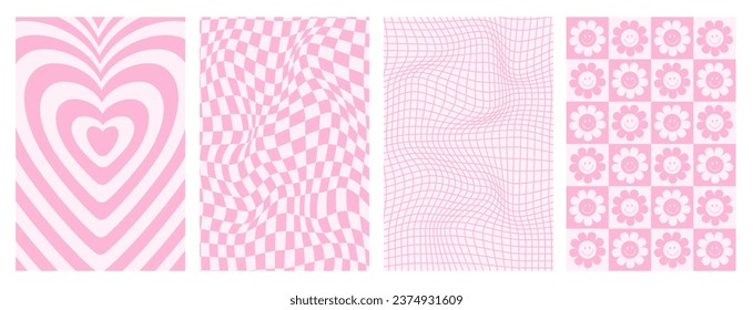 Groovy hippie 70s posters. Funny cartoon flower, Waves, swirl, checkerboard, chessboard, mesh backgrounds in retro style. Y2k aesthetic. Fashion design, textile, Groovy pink fabric collection.

