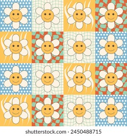 Groovy hippie 70s posters. Funny cartoon flower, rainbow, love, daisy etc. Vector cards in trendy retro psychedelic cartoon style. Vector backgrounds. Stay groovy