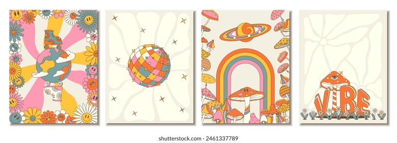 Bonitos afiches hippies de los años 70. Divertidos hongos de dibujos animados, arco iris, disco, planeta, margarita, etc. Tarjetas de Vector en estilo de dibujos animados retro psicodélico de moda. Fondos de Vector.