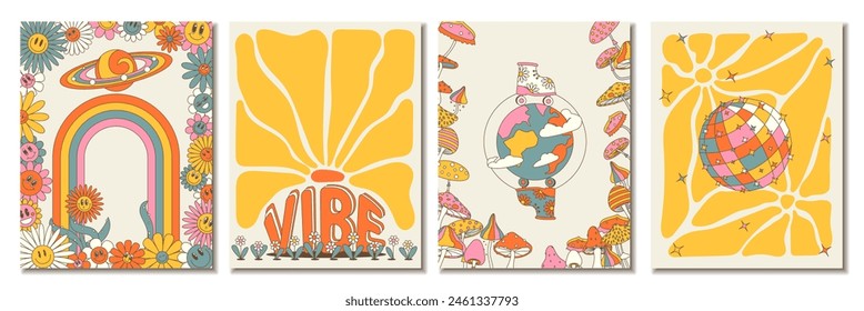 Groovy hippie 70s posters. Funny cartoon mushrooms, rainbow, disco, planet, daisy etc. Vector cards in trendy retro psychedelic cartoon style. Vector backgrounds.