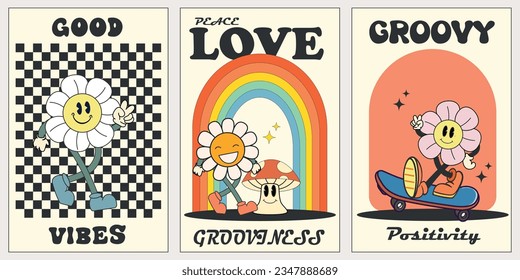 Groovy hippie 70s posters with positive quotes. Groovy flower cartoon characters. Funny happy daisy with eyes and smile. Isolated vector illustration. Hippie 60s, 70s style. Vector