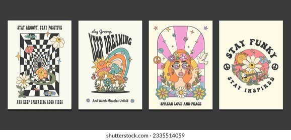 groovy hippie 70s posters with psychedelic cartoons, vector illustration