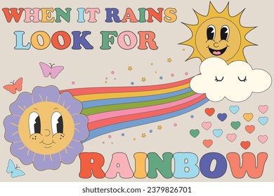 Groovy hippie 70s posters . Groovy raimbow. Funny cartoon flower, love, daisy, lips, heart, star. Collection of Vector cards in trendy retro psychedelic cartoon style.