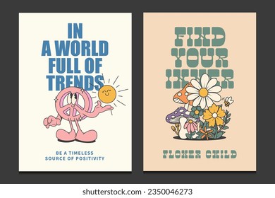 groovy hippie 70s posters, retro print art with trendy cartoons characters, vector illustration