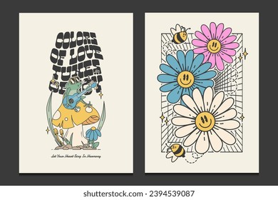 groovy hippie 70s posters, with retro frog and flowers cartoons, vector illustration