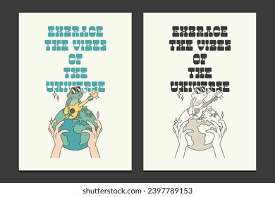 groovy hippie 70s posters, retro posters with a frog cartoon character, vector illustration