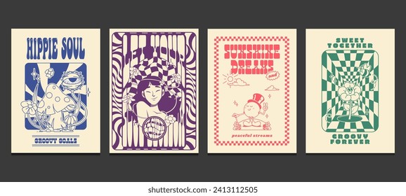 groovy hippie 70s posters with retro cartoons, vector illustration