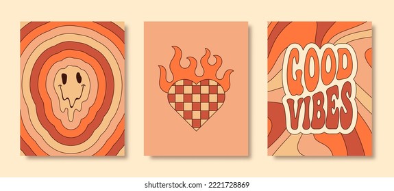 Groovy Hippie 70s Posters Set. Vector Psychedelic Background: Melting Emoji, Heart in Fire, Good Vibes Slogan in Trendy Retro Cartoon Style for T-Shirts Prints, Case Phone, Note Cover, Flyer, Cards