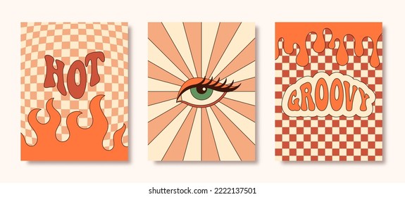 Groovy Hippie 70s Posters Set. Vector Psychedelic Background: Check board and Fire, Rays and Eye, Melting in Trendy Retro Cartoon Style for T-Shirts Prints, Wall Art, Case Phone, Note Cover, Flyer